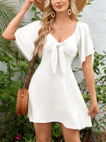 Smocked Back Knotted Flutter Sleeve Dress - Ladyez
