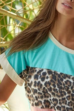 BiBi Leopard Printed JerseyColor Block Roll Up Top