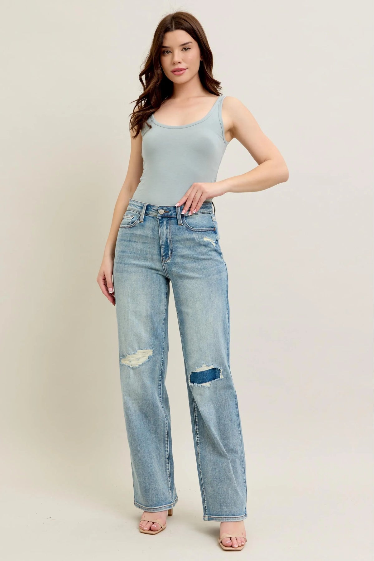 Judy Blue Full Size Hw Destroy & Knee Patch Straight Jeans Plus Size - Ladyez