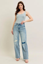 Judy Blue Full Size Hw Destroy & Knee Patch Straight Jeans Plus Size - Ladyez