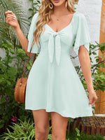 Smocked Back Knotted Flutter Sleeve Dress - Ladyez