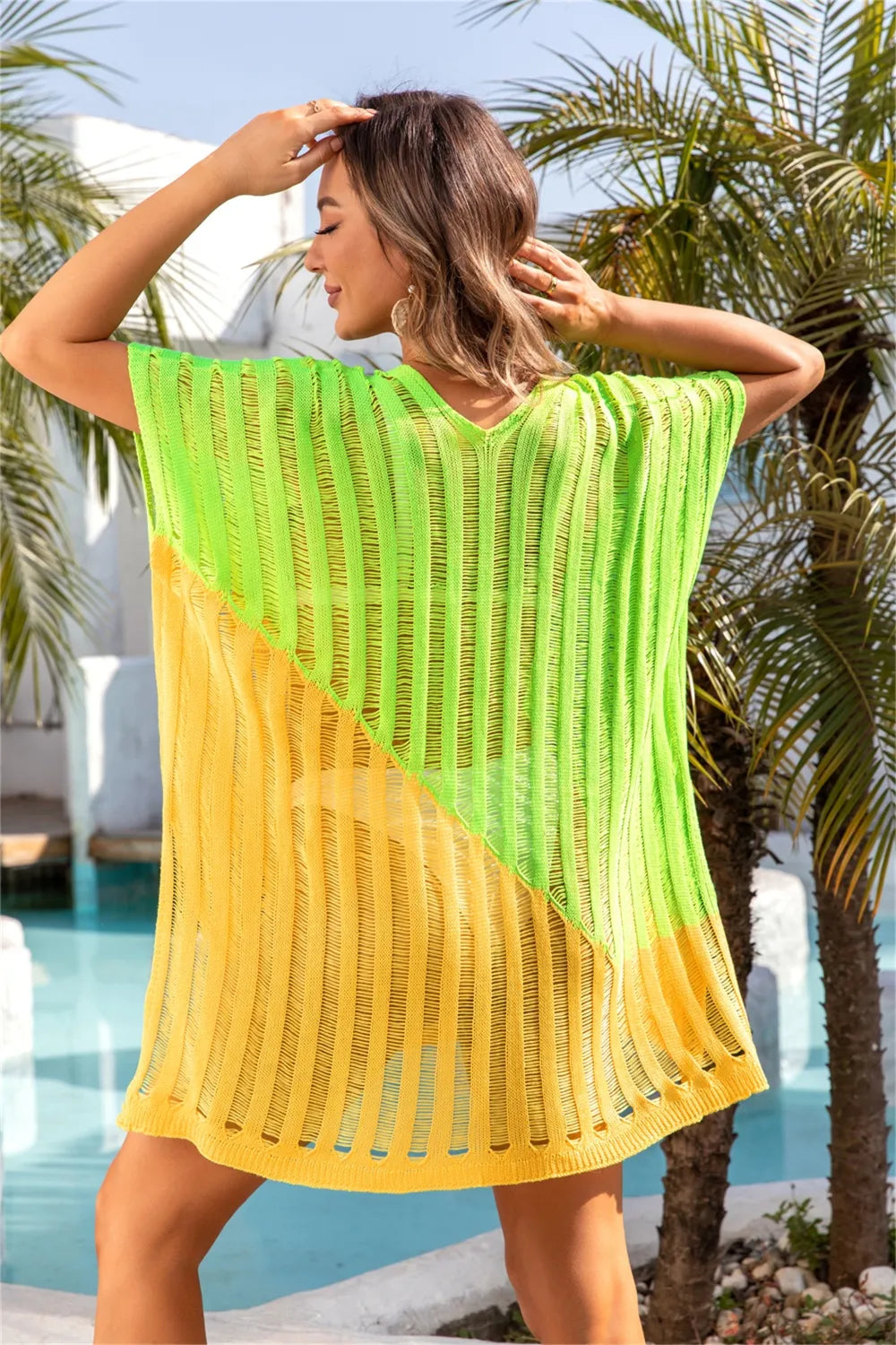 Angel Wings Slit Color Block V-Neck Cover Up - Ladyez
