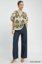 Umgee Mix Printed Puff Sleeve Top with Contrast Trim