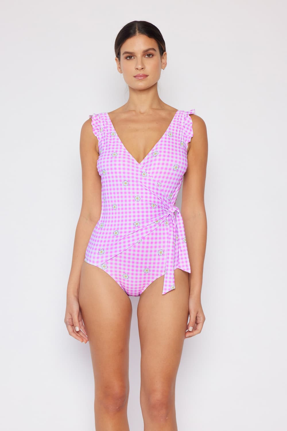 Marina West Swim Full Size Float On Ruffle Faux Wrap One-Piece in Carnation Pink - Ladyez
