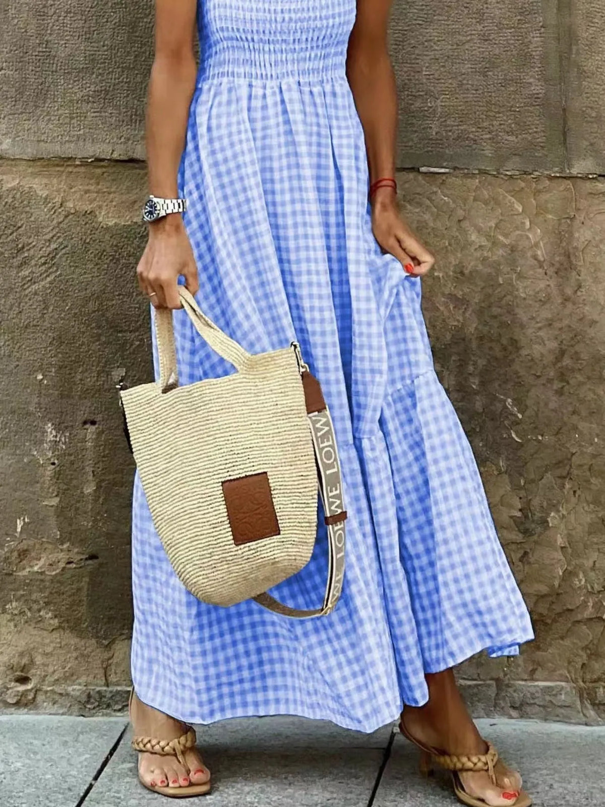 Smocked Gingham Maxi Dress with Ruffle Straps - Ladyez