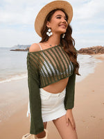 Openwork Boat Neck Long Sleeve Cover-Up - Ladyez
