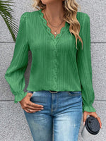 V-Neck Lace Detail Flounce Sleeve Blouse - Ladyez