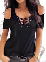Lace Up Cold Shoulder T-Shirt - Ladyez