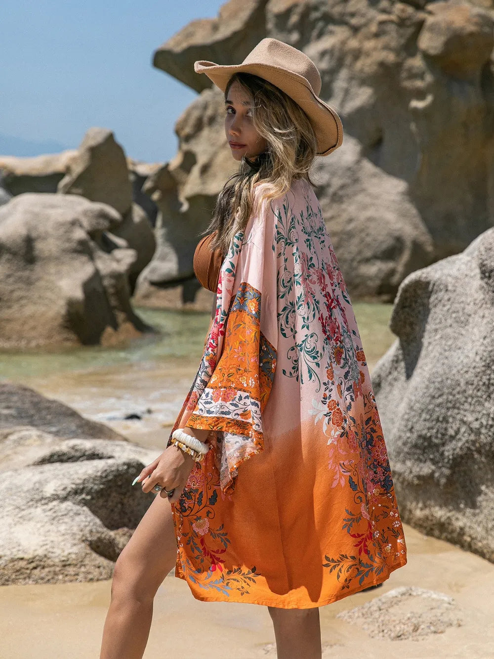Printed Open Front Long Sleeve Cover-Up - Ladyez