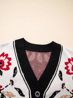 Floral Button Down Cardigan with Geometric Border