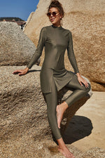 Slit Mock Neck Long Sleeve Top and Pants Swim Set - Ladyez