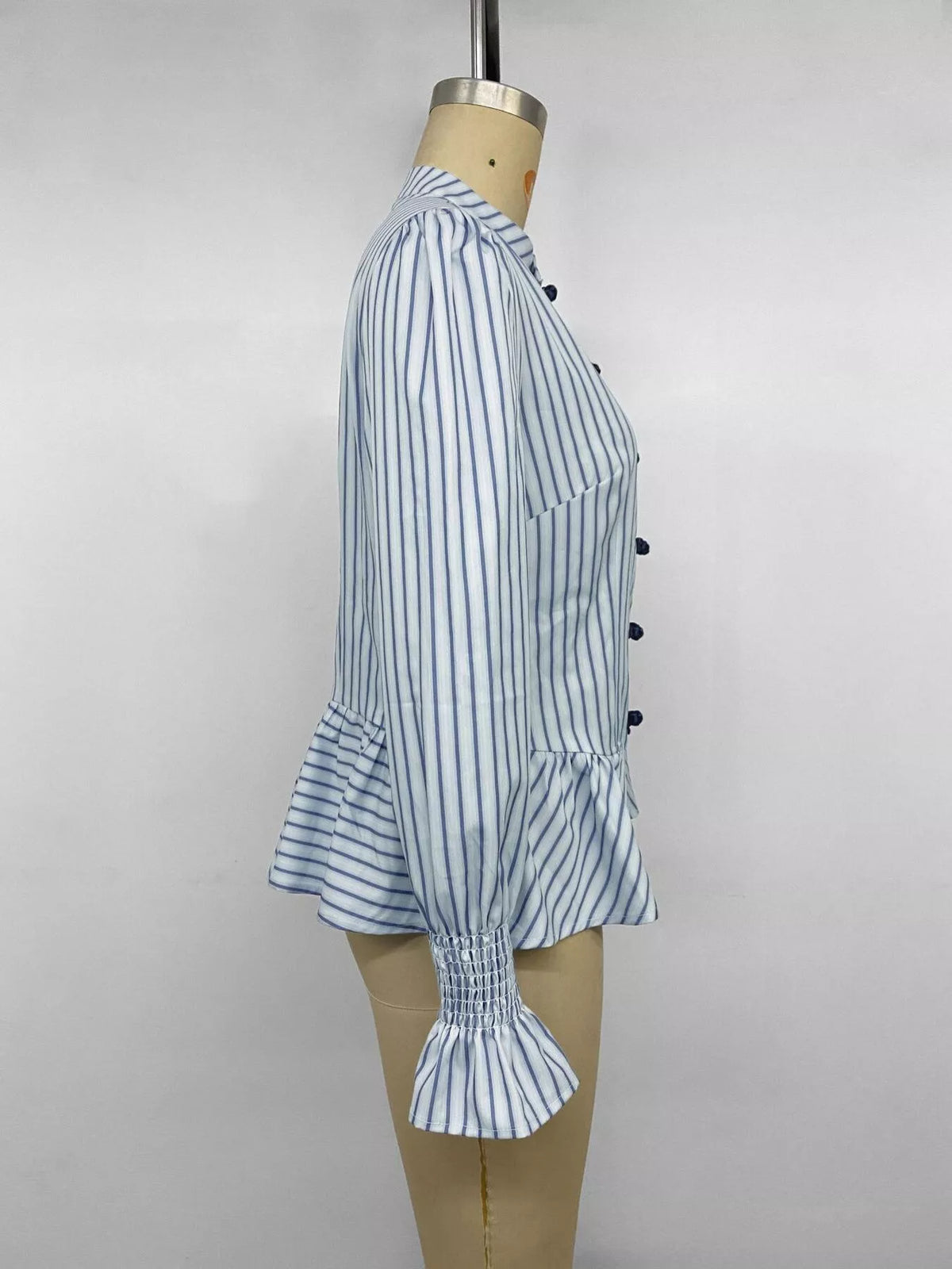 Striped Mandarin Knot Buttons Peplum Hem Shirt