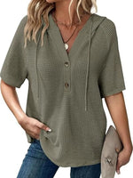Drawstring Waffle-Knit Short Sleeve Hooded Top