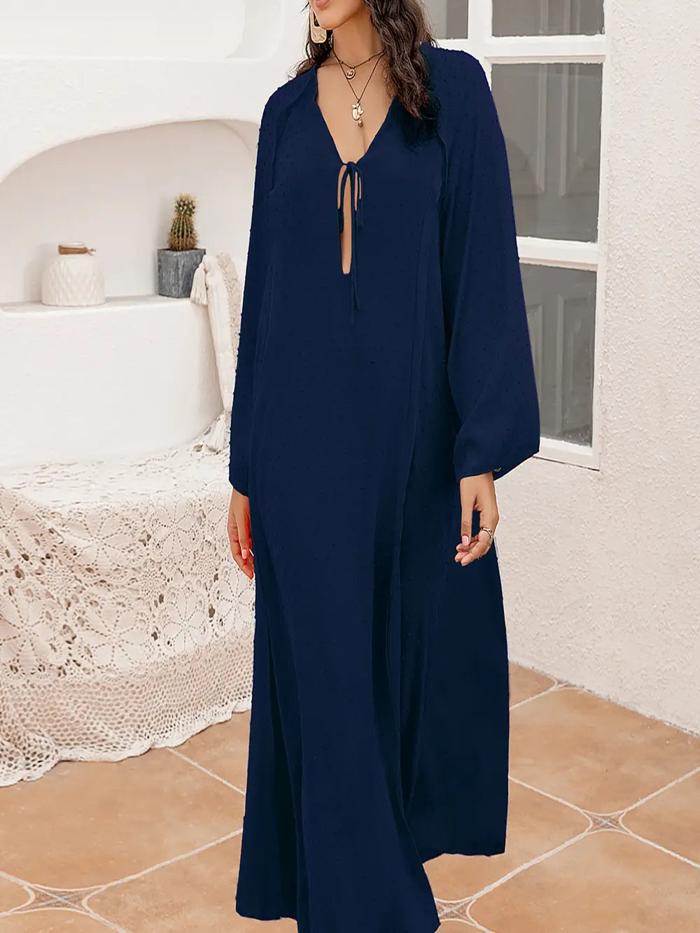 Plus Size Tie Neck Long Sleeve Slit Dress - Ladyez