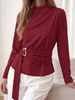 Mock Neck Blouse with Waist-Defining Metal Buckle Detail