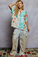 POL Lace Round Neck Short Sleeve Floral Pattern Top with Patch Detail