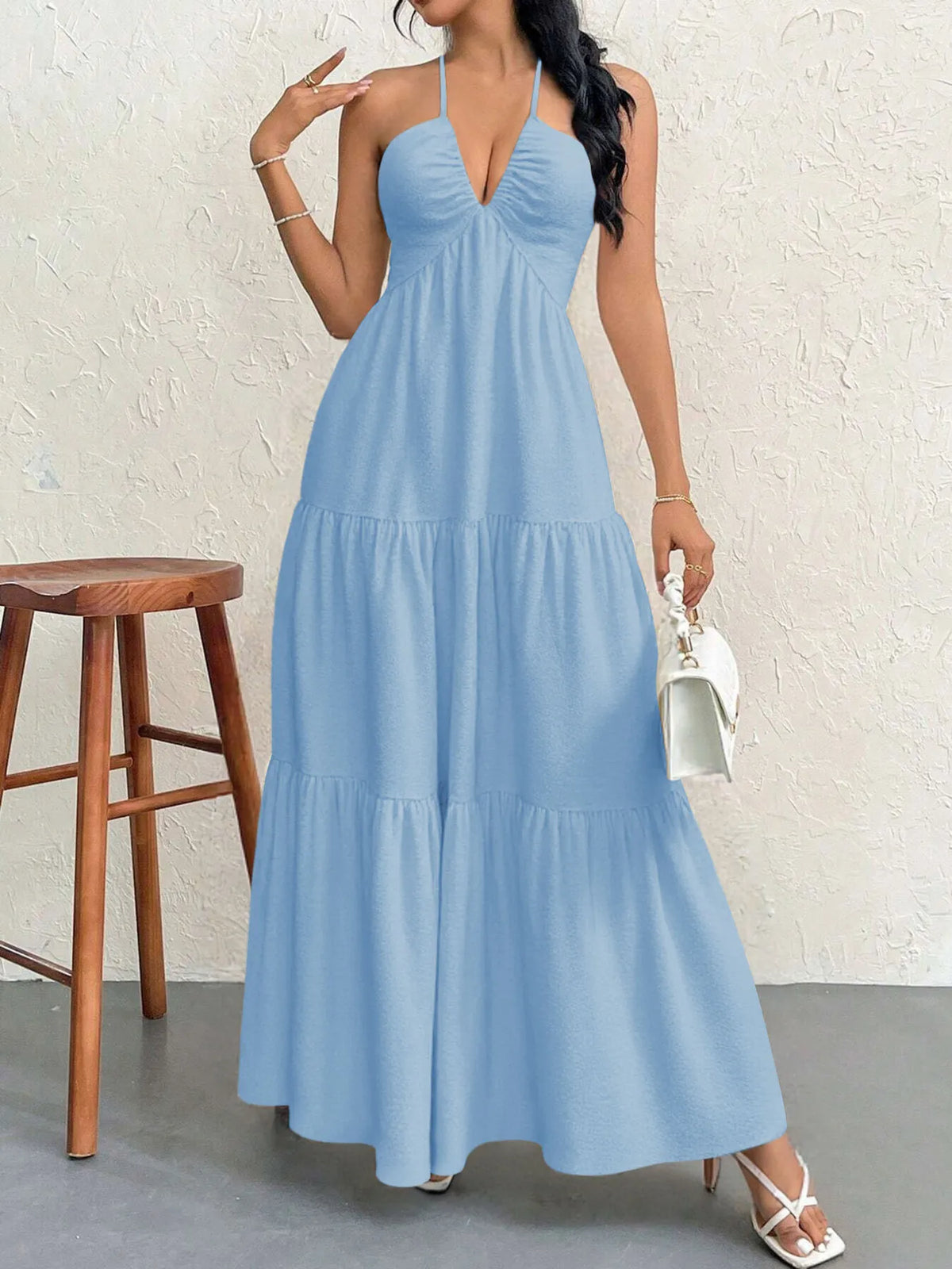 Halter Neck Tiered Maxi Dress - Ladyez
