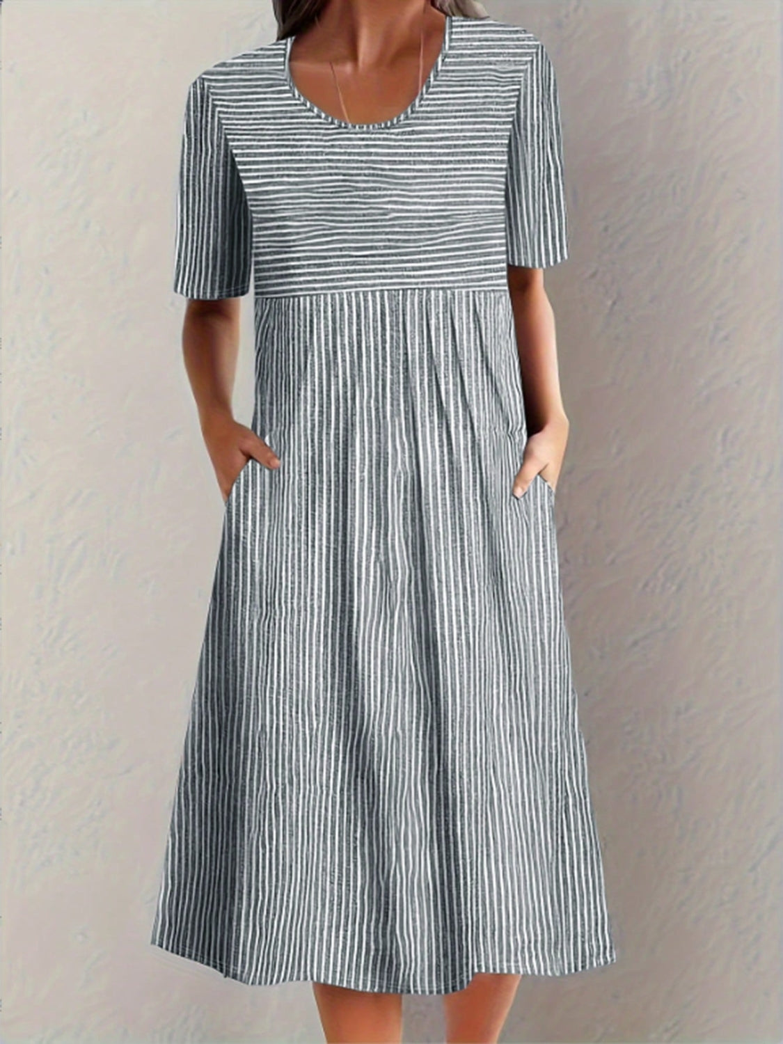 Striped Round Neck Short Sleeve Midi Dress - Ladyez