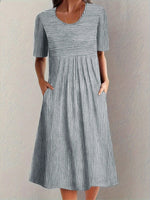 Striped Round Neck Short Sleeve Midi Dress - Ladyez