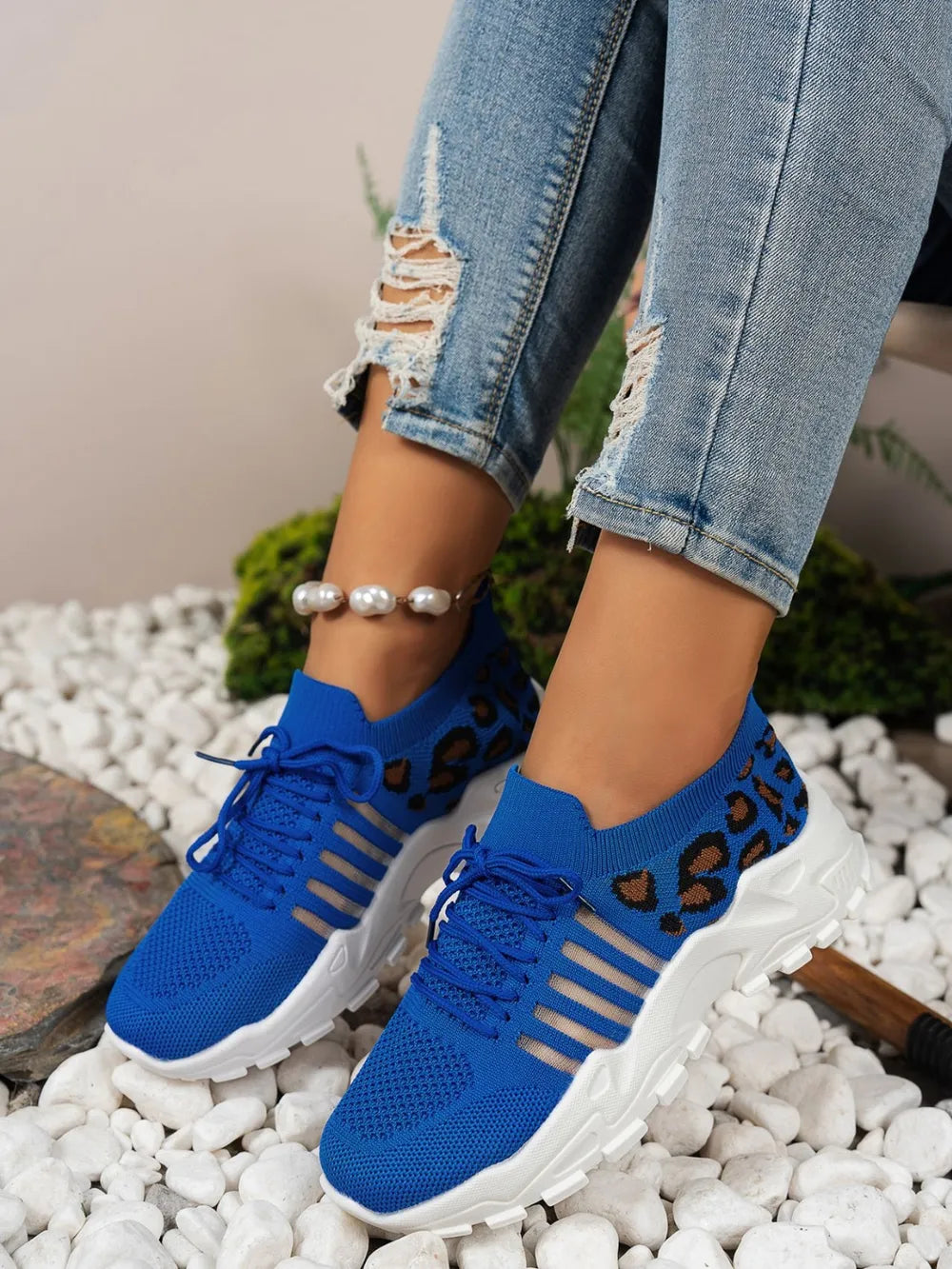 Cutout Leopard Lace Up Mesh Athletic - Ladyez