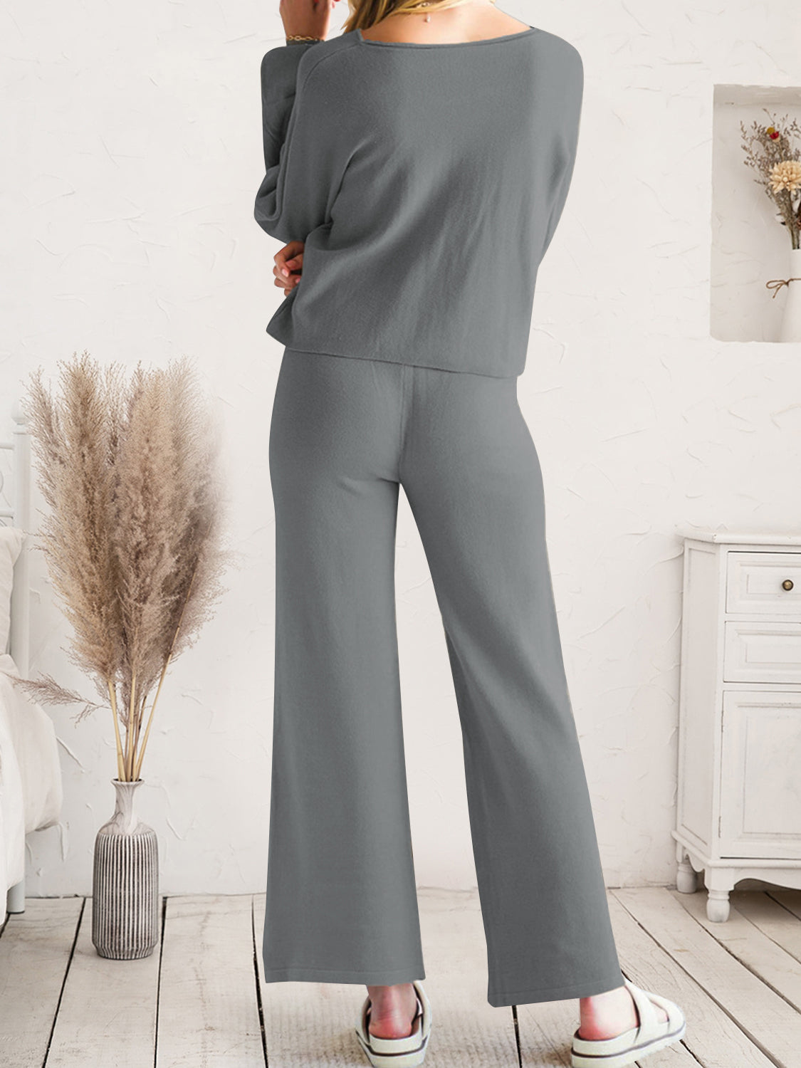 Long Sleeve Lounge Top and Drawstring Pants Set - Ladyez