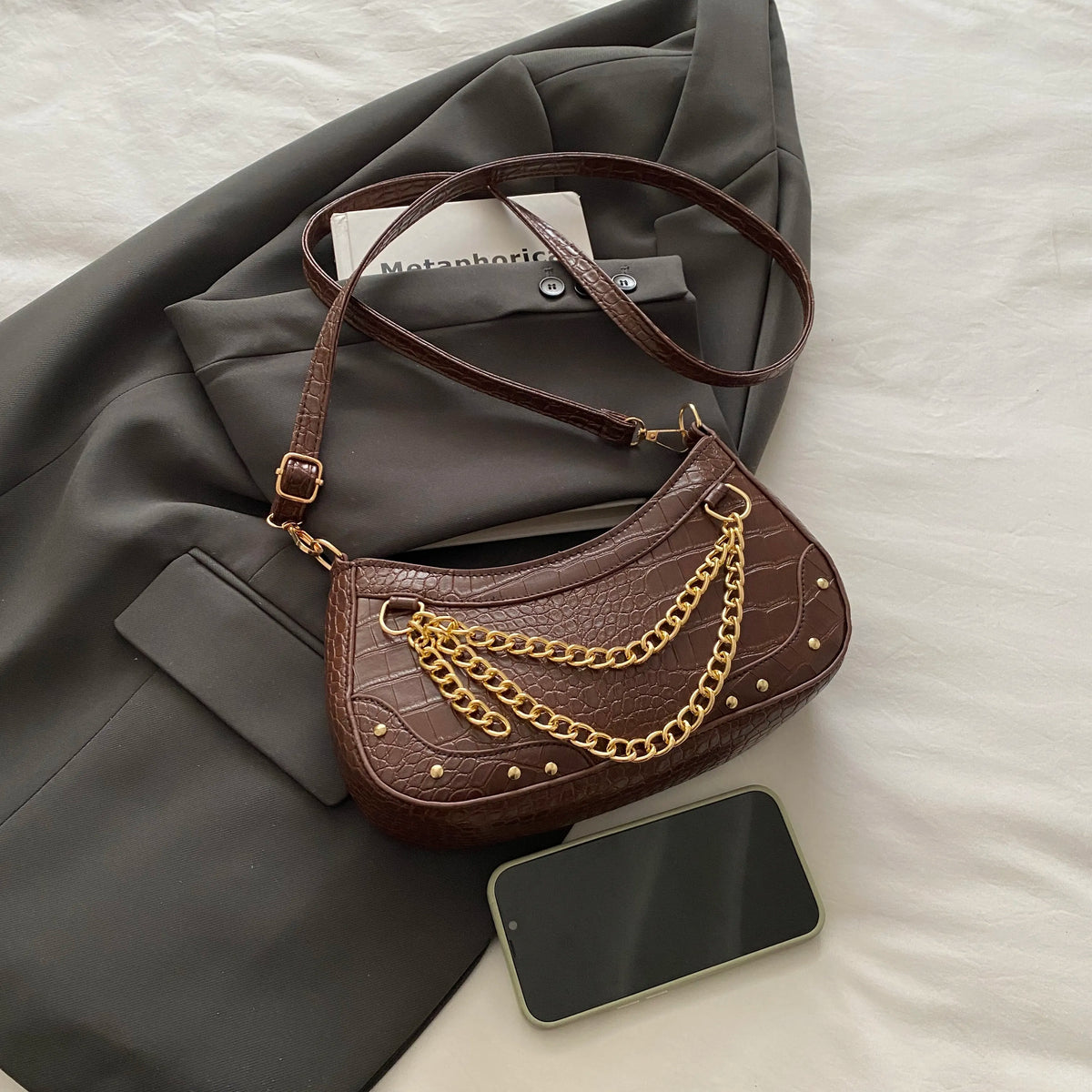 Chain-Embellished Shoulder Bag - Ladyez