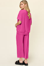 Double Take Full Size Texture Round Neck Short Sleeve T-Shirt and Wide Leg Pants - Ladyez
