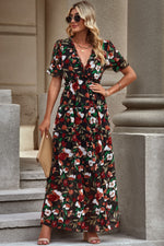 Floral V-Neck Short Flounce Sleeve Dress - Ladyez