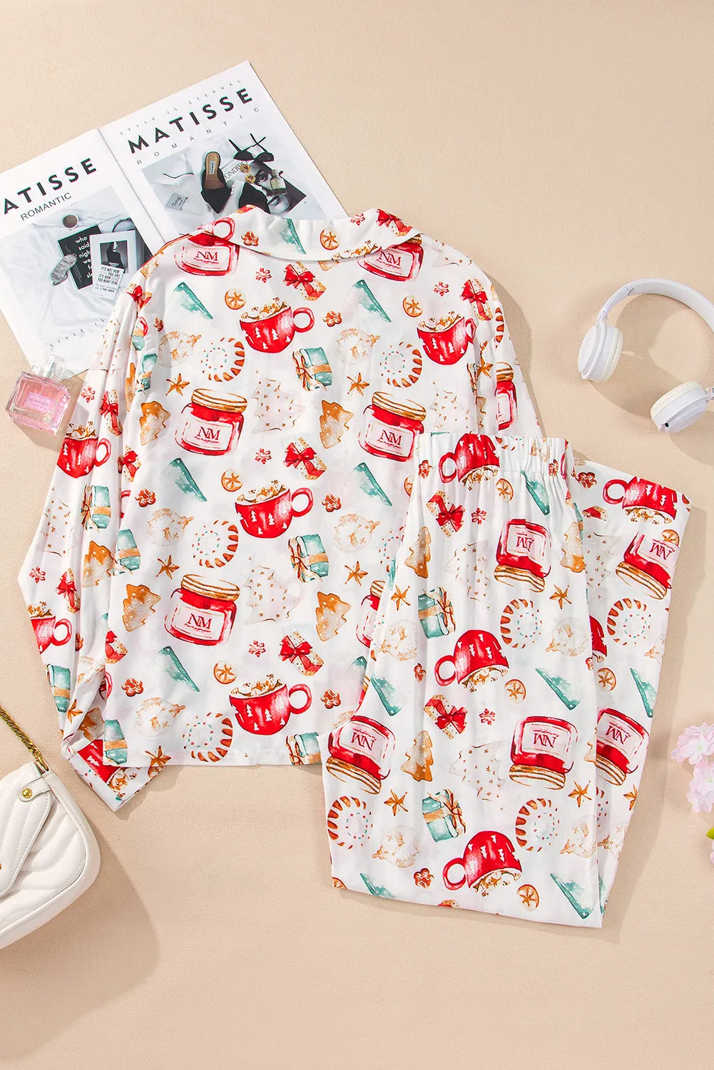 Printed Collared Neck Top and Pants Lounge Set - Ladyez