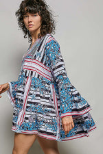 POL Striped Floral Long Sleeve Mini Dress with Pintuck Detail