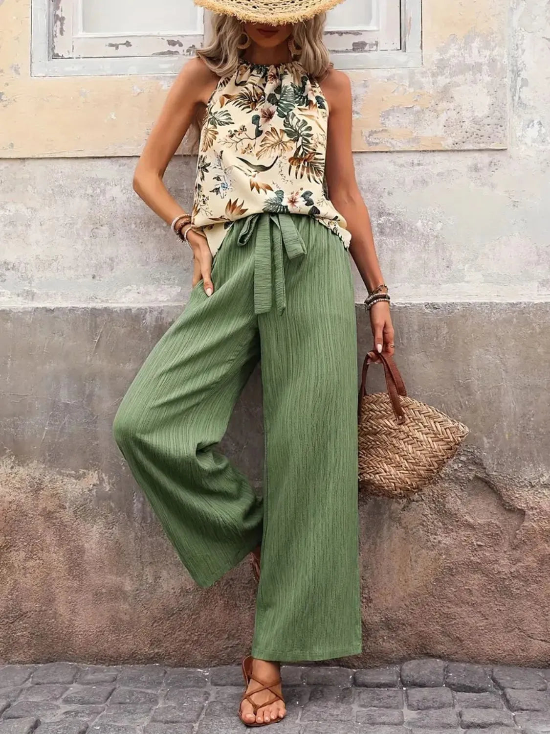 Printed Tank Top and Wide Leg Pants Set - Ladyez