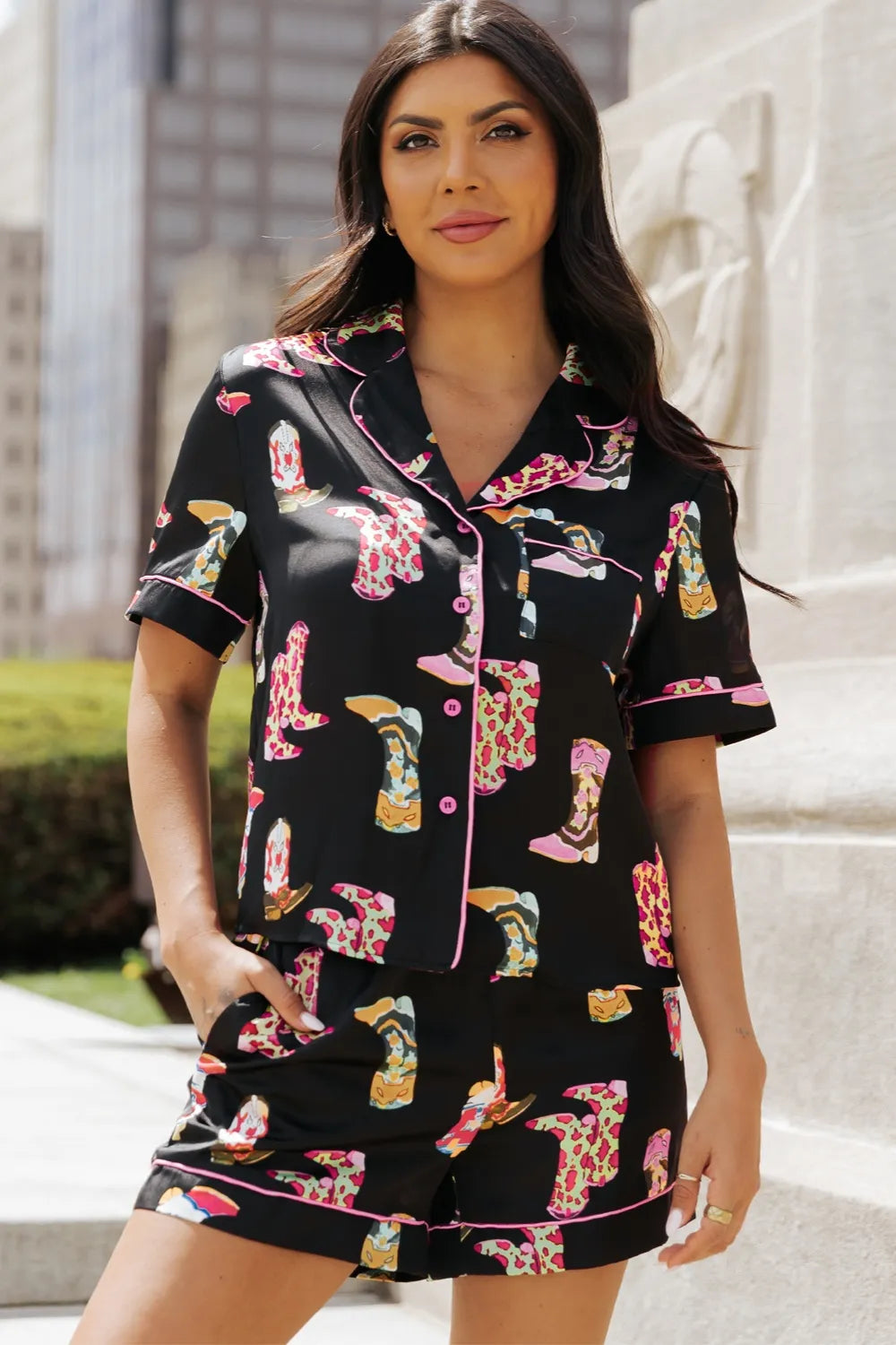 Printed Button Up Short Sleeve Top and Shorts Lounge Set - Ladyez