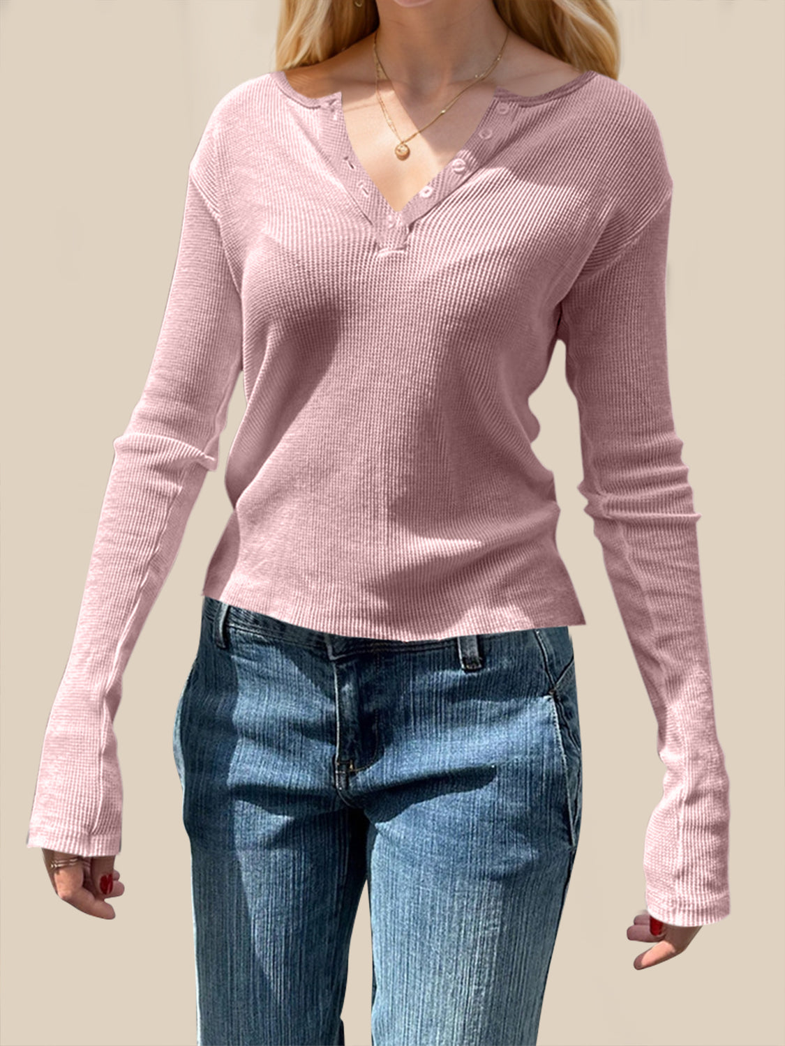 Devine Quarter Button Long Sleeve T-Shirt - Ladyez