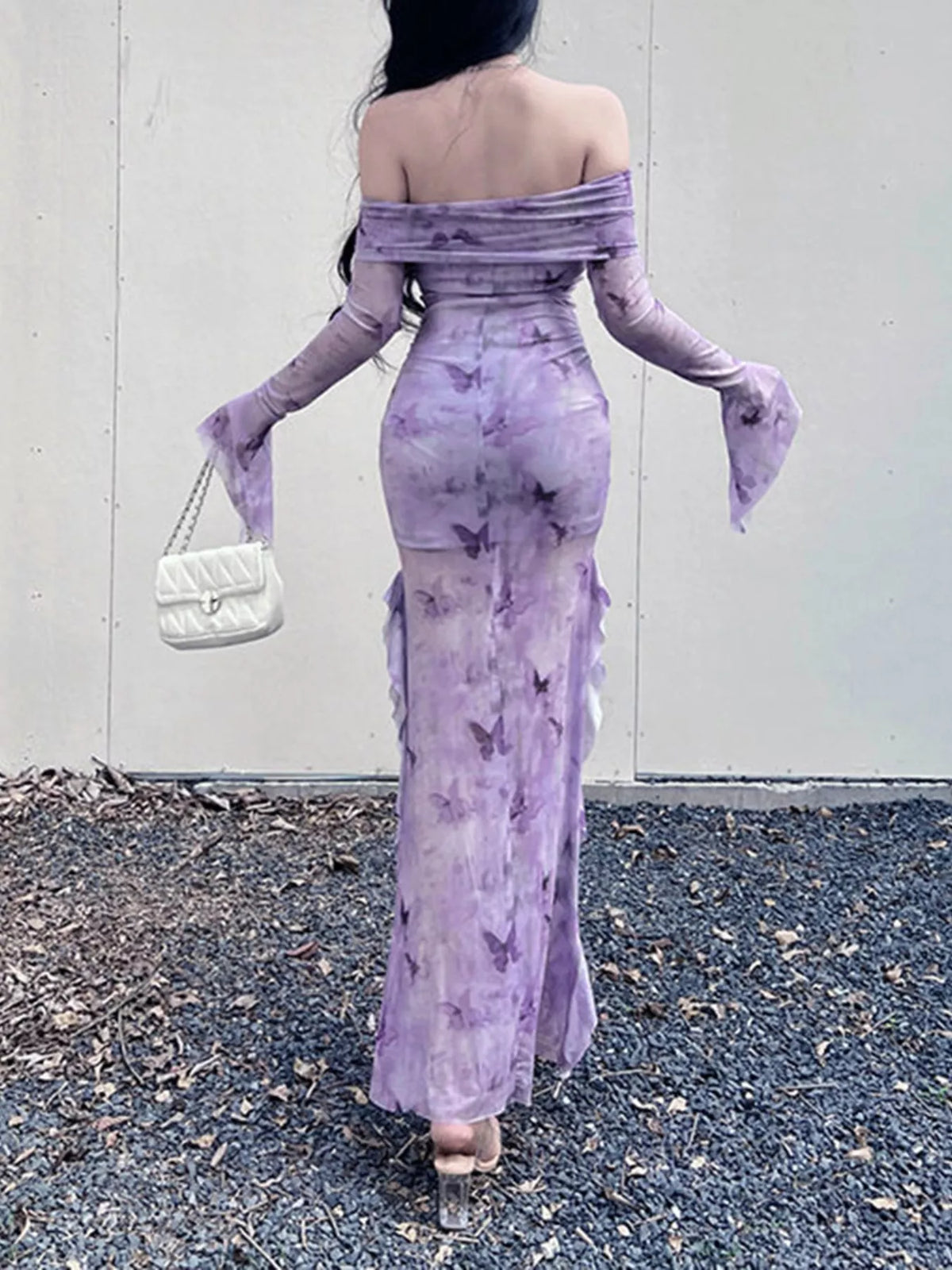 Butterfly Print Off-Shoulder Mesh Mermaid Dress