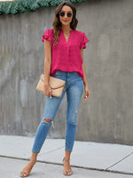 Swiss Dot Notched Cap Sleeve Blouse