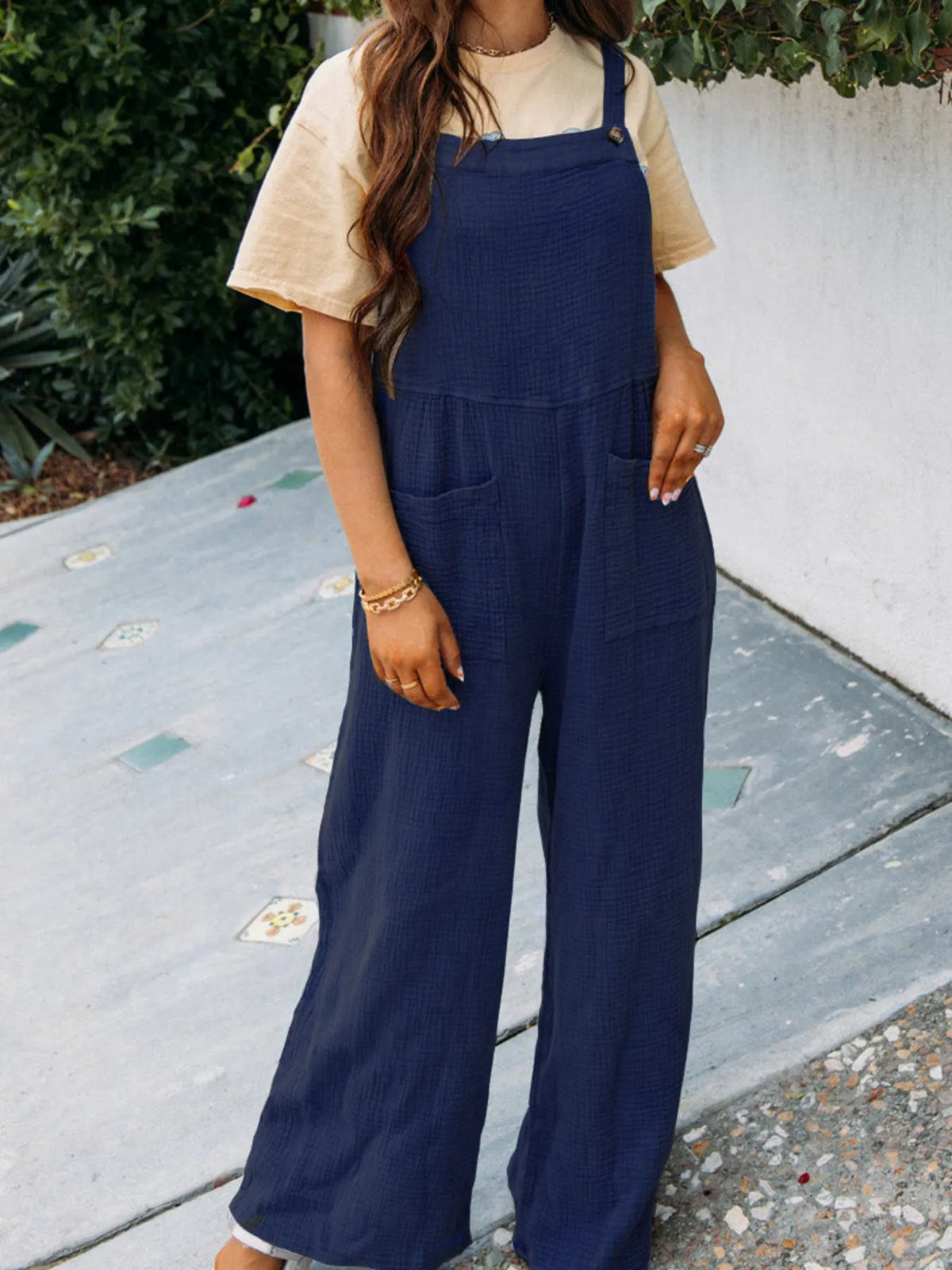 Full Size Casual Wide Leg Textured Overalls Plus Size