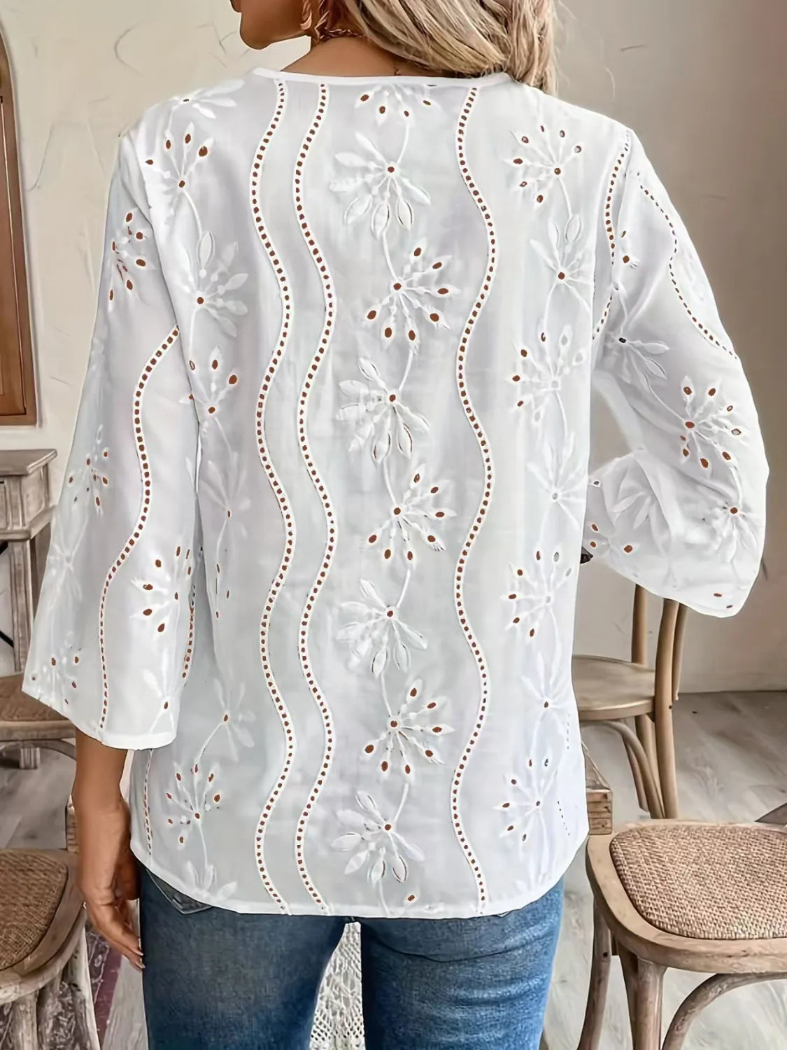 Eyelet Notched 3/4 Sleeve Blouse - Ladyez