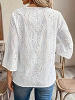 Eyelet Notched 3/4 Sleeve Blouse - Ladyez