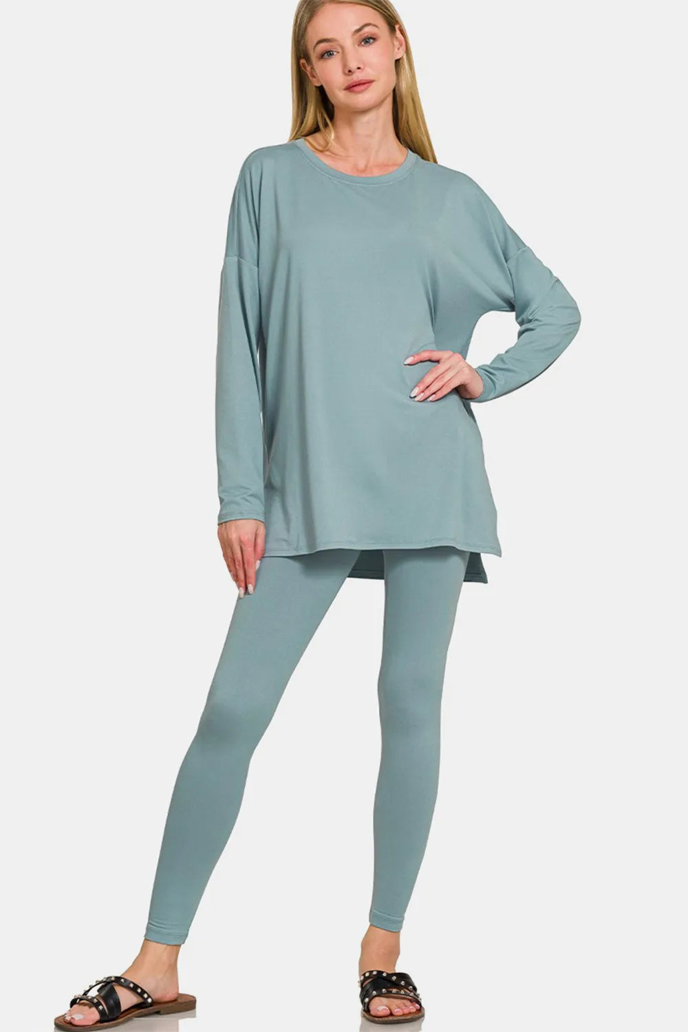 Zenana Full Size Brushed Microfiber Top and Leggings Lounge Set - Ladyez