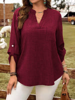 Plus Size Notched Roll-Tab Sleeve Casual Blouse