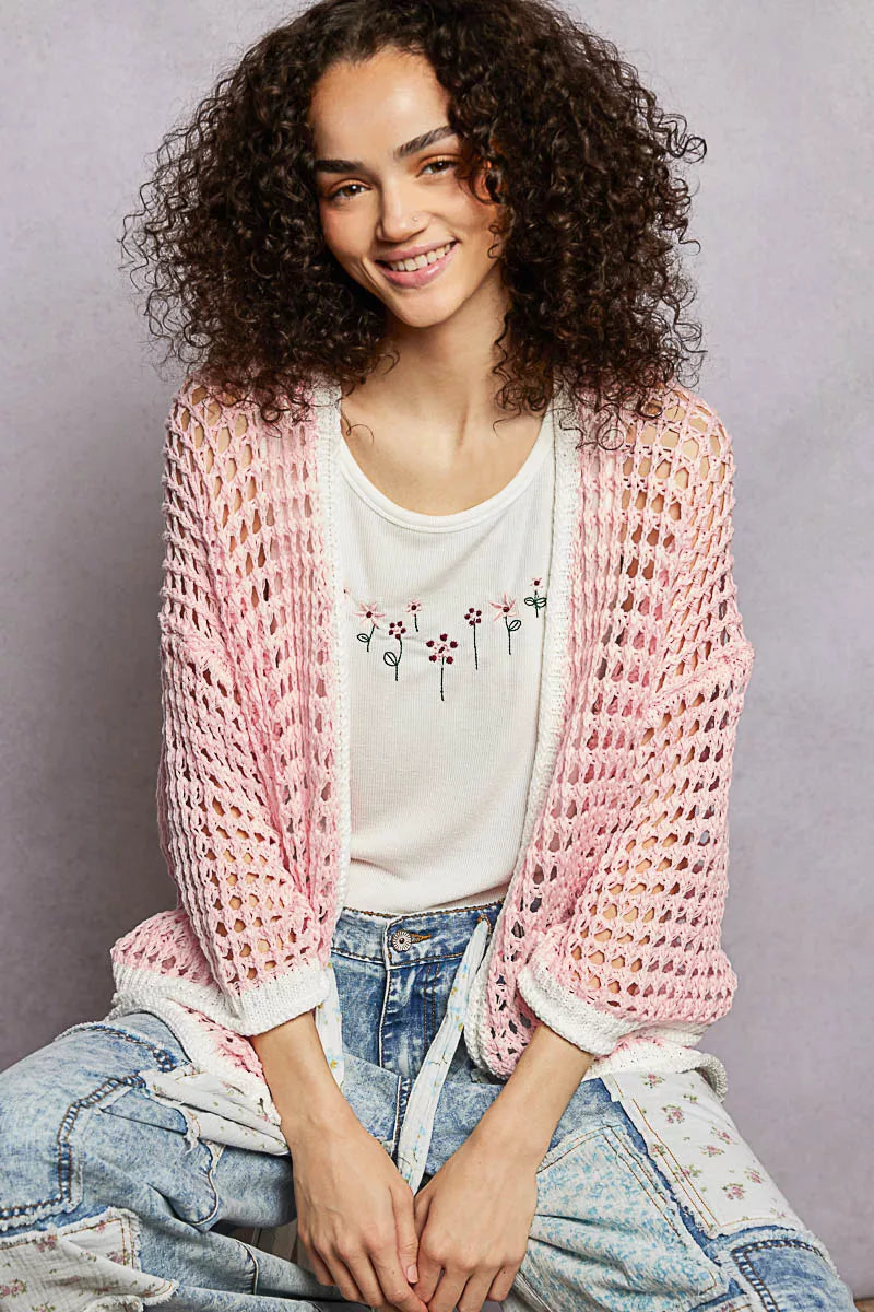 POL Open Front Openwork Cardigan with Contrast Trim