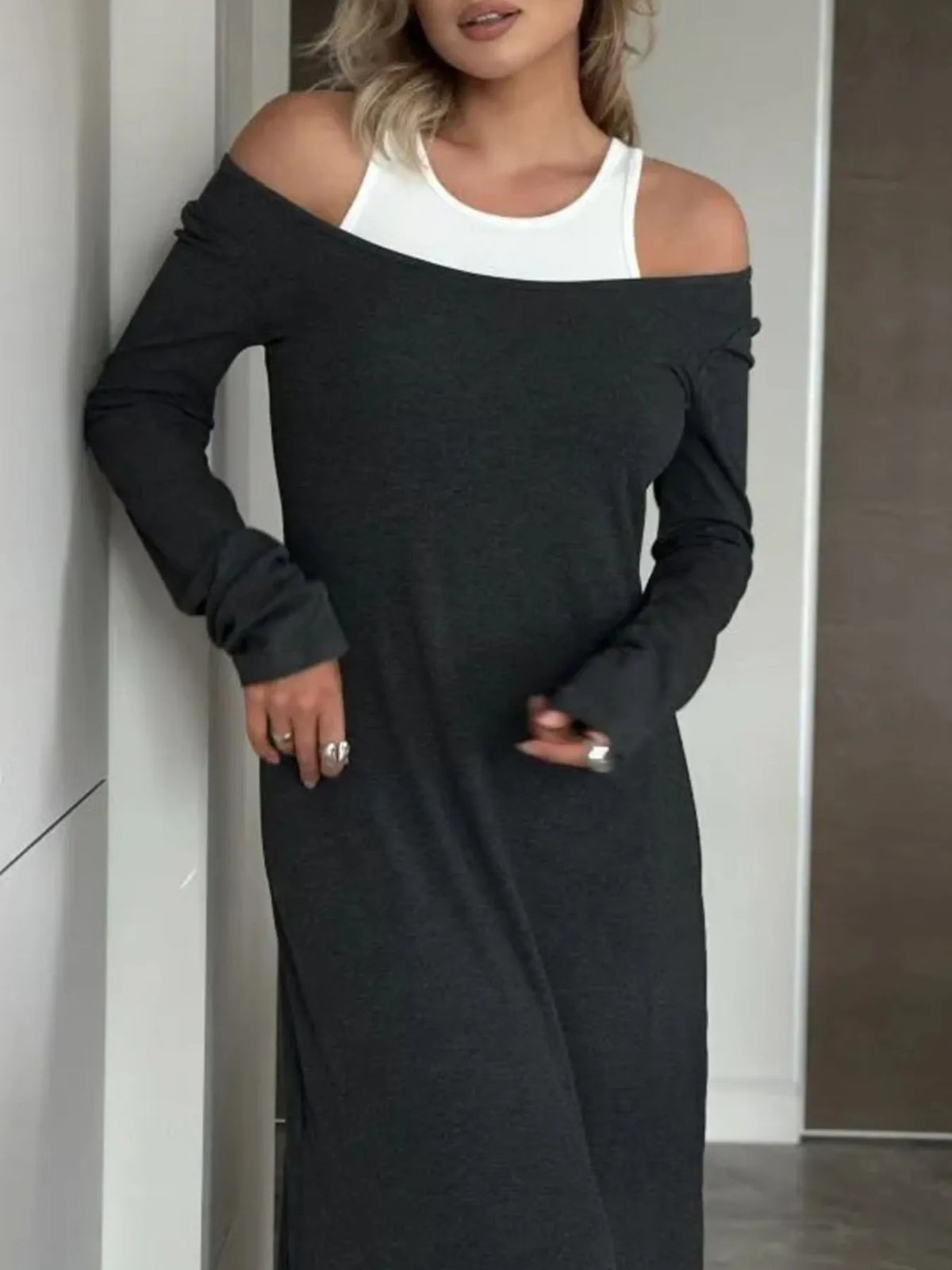Contrast Long Sleeve Maxi Dress - Ladyez