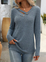 Ribbed Knit Long Sleeve Button Detail T-Shirt