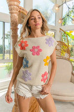 BiBi Multi Jeweled Crochet Flower Patch Sweater Vest