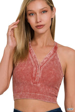 Zenana Washed Ribbed Seamless Button V-neck Tank Top