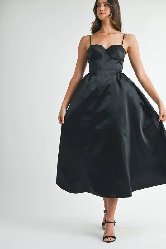 MABLE Solid Taffeta Spaghetti Strap Bustier Midi Dress - Ladyez