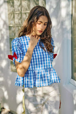 SO ME 4th Of July Gingham Ribbon Detail Short Sleeves Blouse