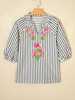 Stripe Floral Embroidered Detail V Neck Short Sleeve Blouse