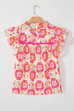 Floral Ruffled Sleeve Ric-Rac Trim Split Neck Loose Blouse