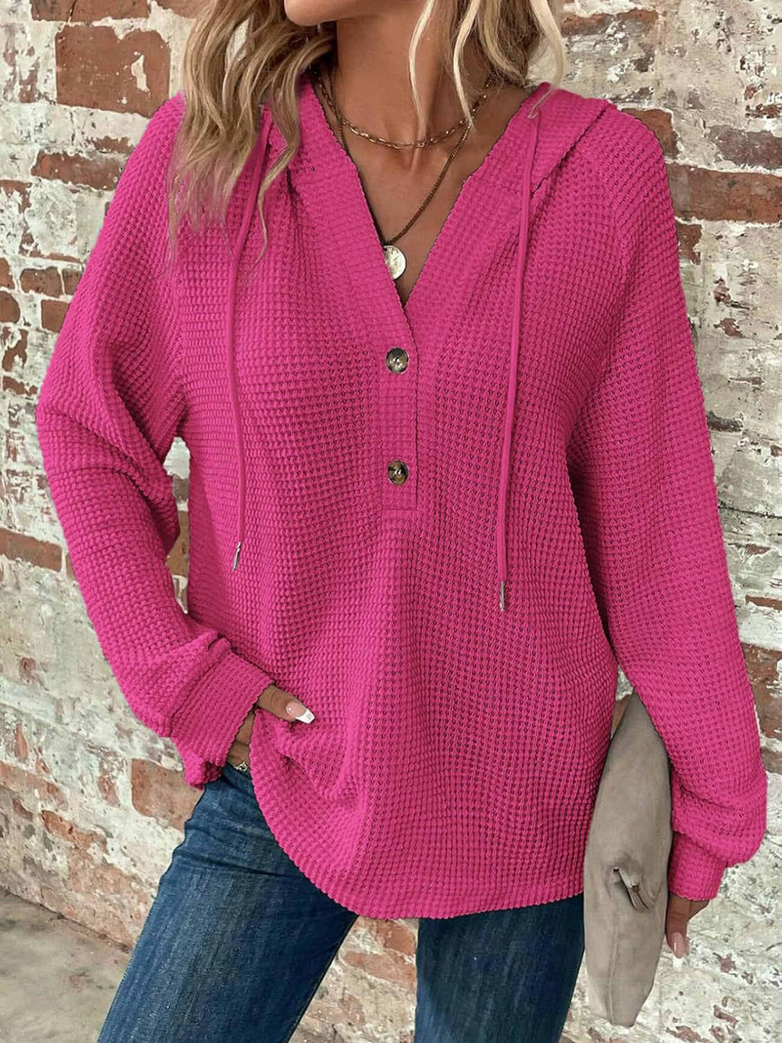 Waffle Knit Long Sleeve Drawstring Hooded Top - Ladyez